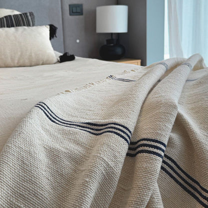 Manta 100% Algodón - 180x130cm - Crudo con Líneas Azul