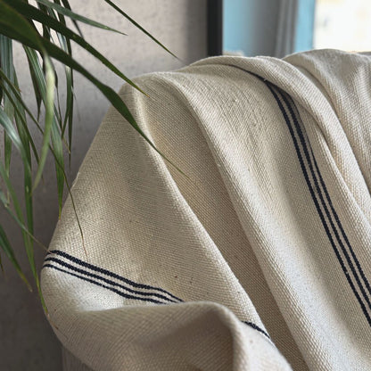 Manta 100% Algodón - 180x130cm - Crudo con Líneas Azul