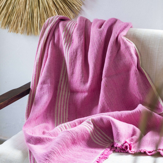 Manta Rosado con líneas Crudo - 100% Algodón - 180x130cm